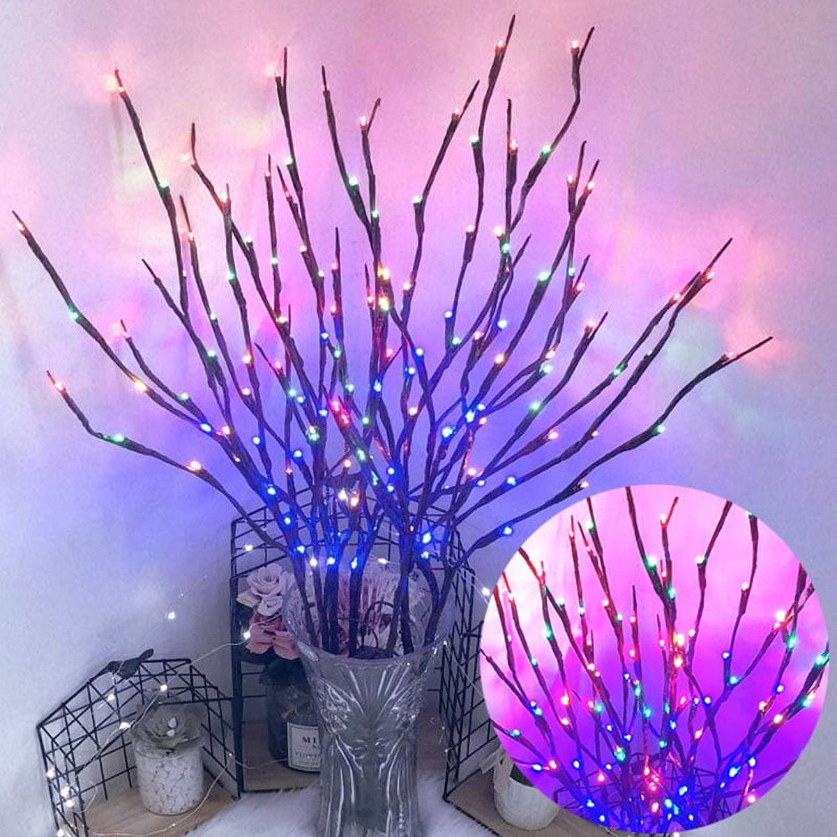 3 Pack Lighted Branches for Vases Plug in - Christmas DIY Twig Pathway Lights with 60 LED Bulbs, Artificial Tree Bendable Xmas Fairy Lights with Stakes(Vase NOT Included)