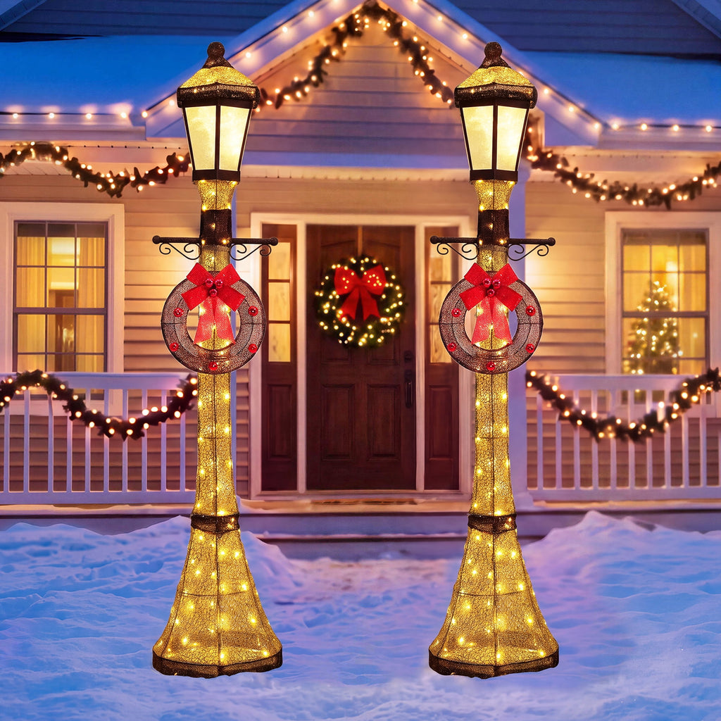 FOOWIN 6FT Christmas Lamppost Set of 2, Outdoor Christmas Lamp Post Decoration with 120 LED Lights, Holiday Porch Lamp Post Decor, Gold