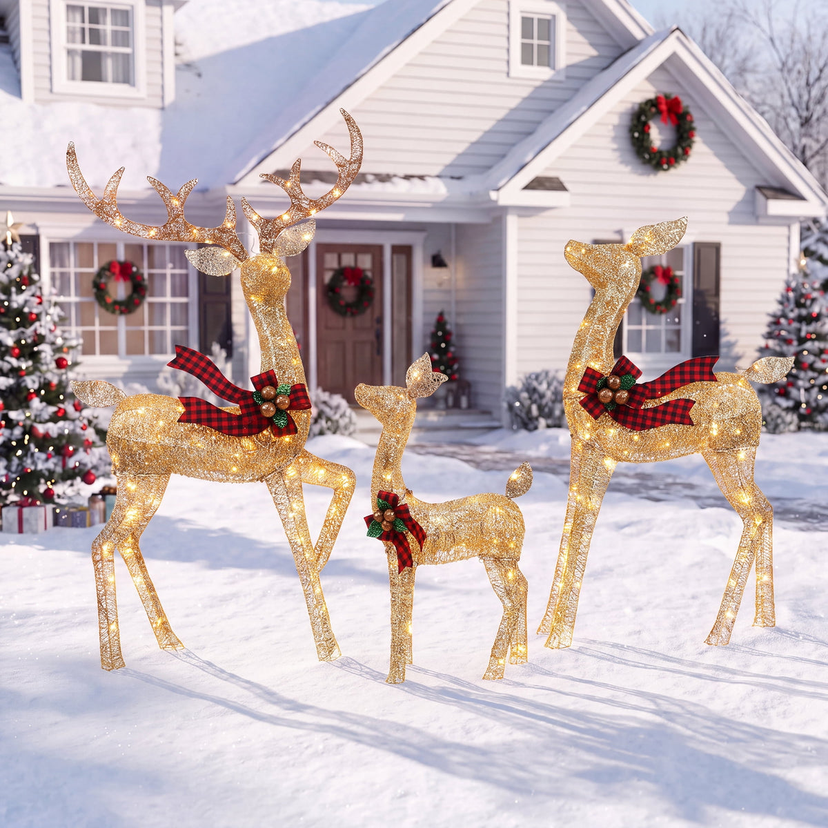 FOOWIN 3-Piece Large Christmas Deer Family, Lighted Outdoor Christmas Decoration, Champagne Gold