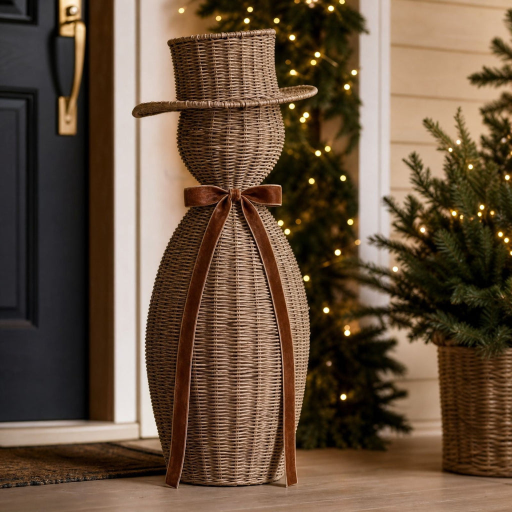 FeiBiQiuBi 14.9" Resin Rattan Style Snowman, Rustic Snowman Decorations with Bow, Woven Natural Style Freestanding Design Winter Farmhouse Decor for Home Kitchen Garden, Holiday Table Mantel Decor
