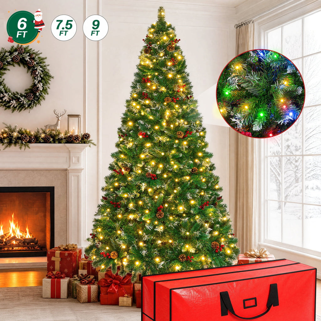 Firstness 6ft Pre-Lit Artificial Christmas Tree with Storage Bag, Warm & Multicolor Xmas Tree with 975 Branch Tips,Pine Cones + Red Berries