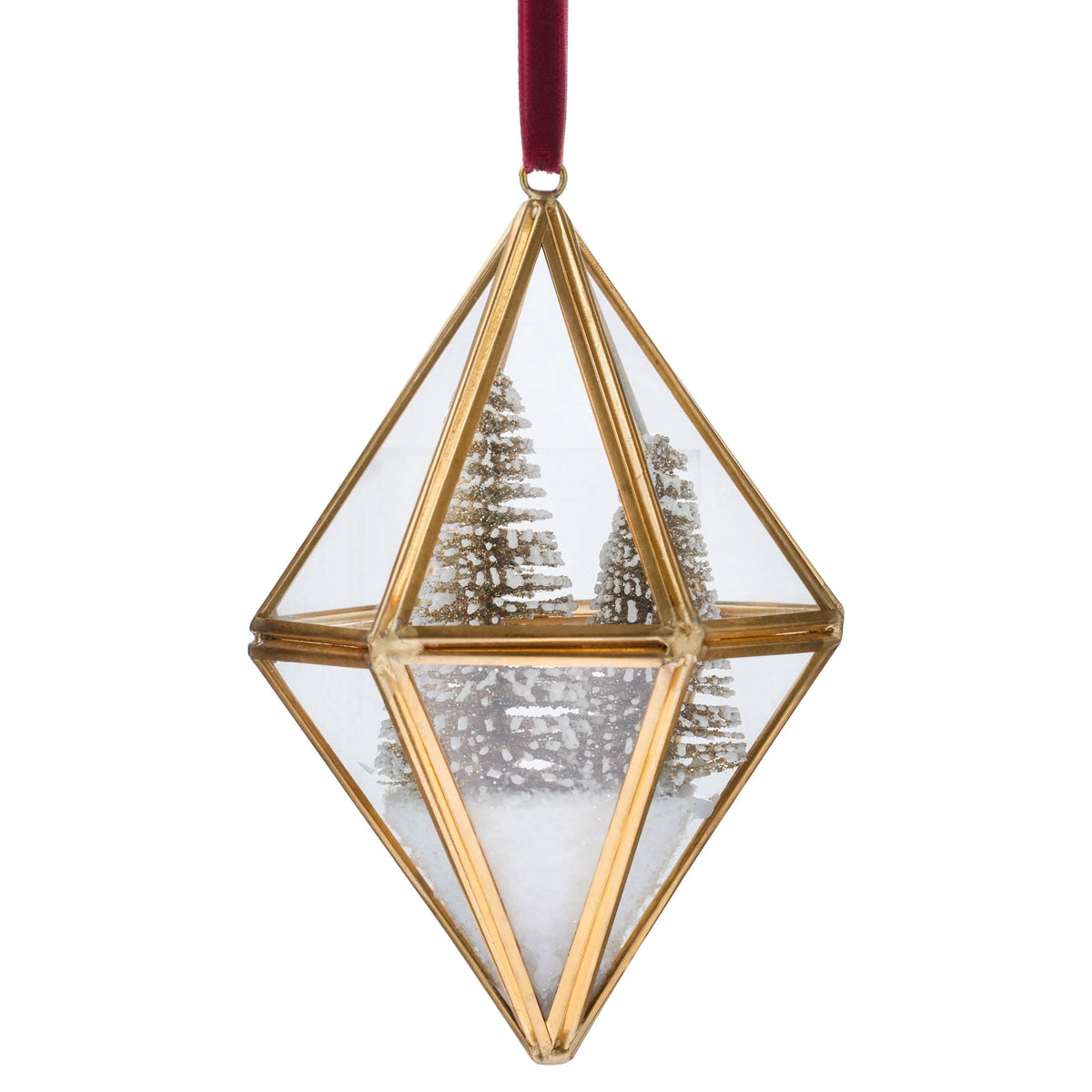 Gold Metal and Glass Diamond with Snow-Flocked Trees Christmas Ornament, 5.3", by Holiday Time