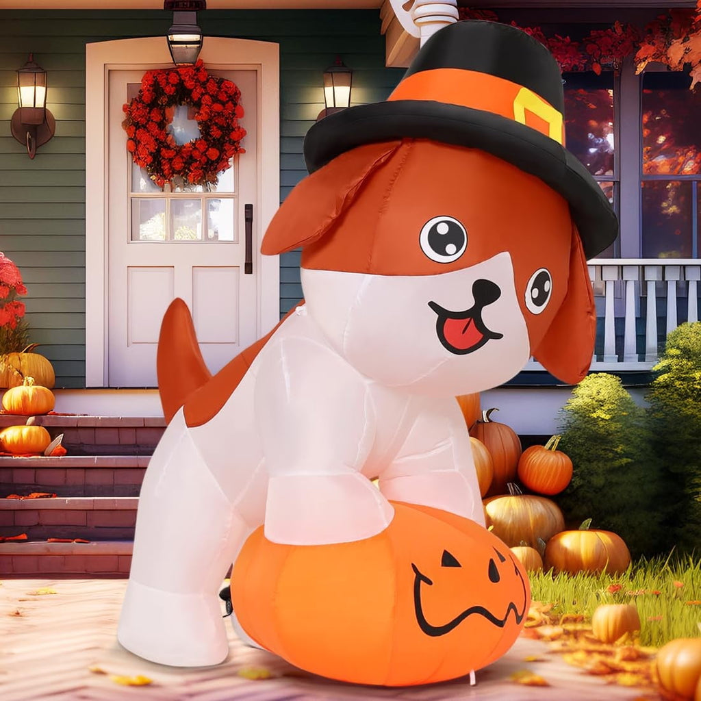 GOOSH 5.2 FT Tall Thanksgiving Inflatables Dog with Pilgrim Hat, Cute Puppy Standing on Pumpkin with Pilgrim Hat with Built-in LEDs, Outdoor Thanksgiving Inflatables Clearance for Garden Party Decor