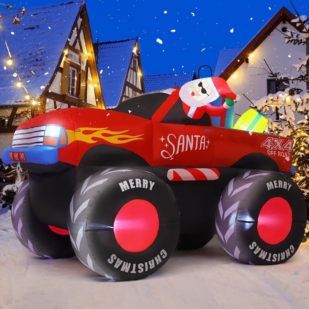 GOOSH 7.5 FT Long Christmas Inflatables Santa Claus on Truck with Presents, Monster Truck Inflatable Christmas Decorations with LED Lights, Outdoor Christmas Decorations Clearance for Xmas Holiday