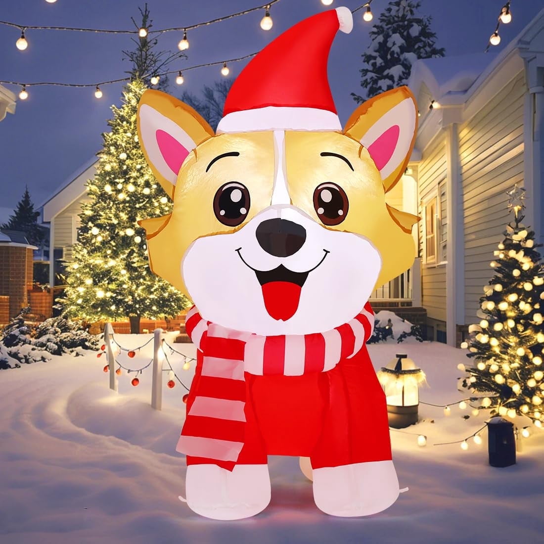 GOOSH Christmas Inflatables 4.2 FT Inflatable Dog Wearing Hat with Built-in LED Lights, Cute Inflatable Christmas Dog Blow up Corgi Dog, Outdoor Christmas Decorations for Xmas Holiday Party