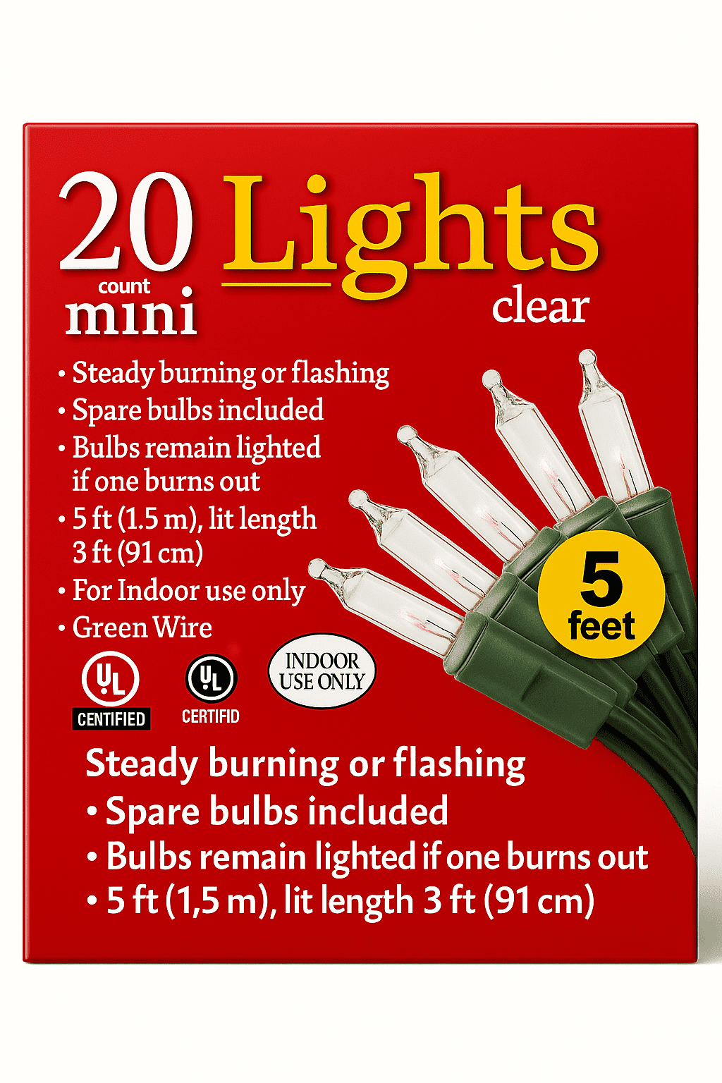 Greenbrier International 20-Count Mini Christmas Lights, Clear Indoor String Light Set, 5 ft (1.5 m)