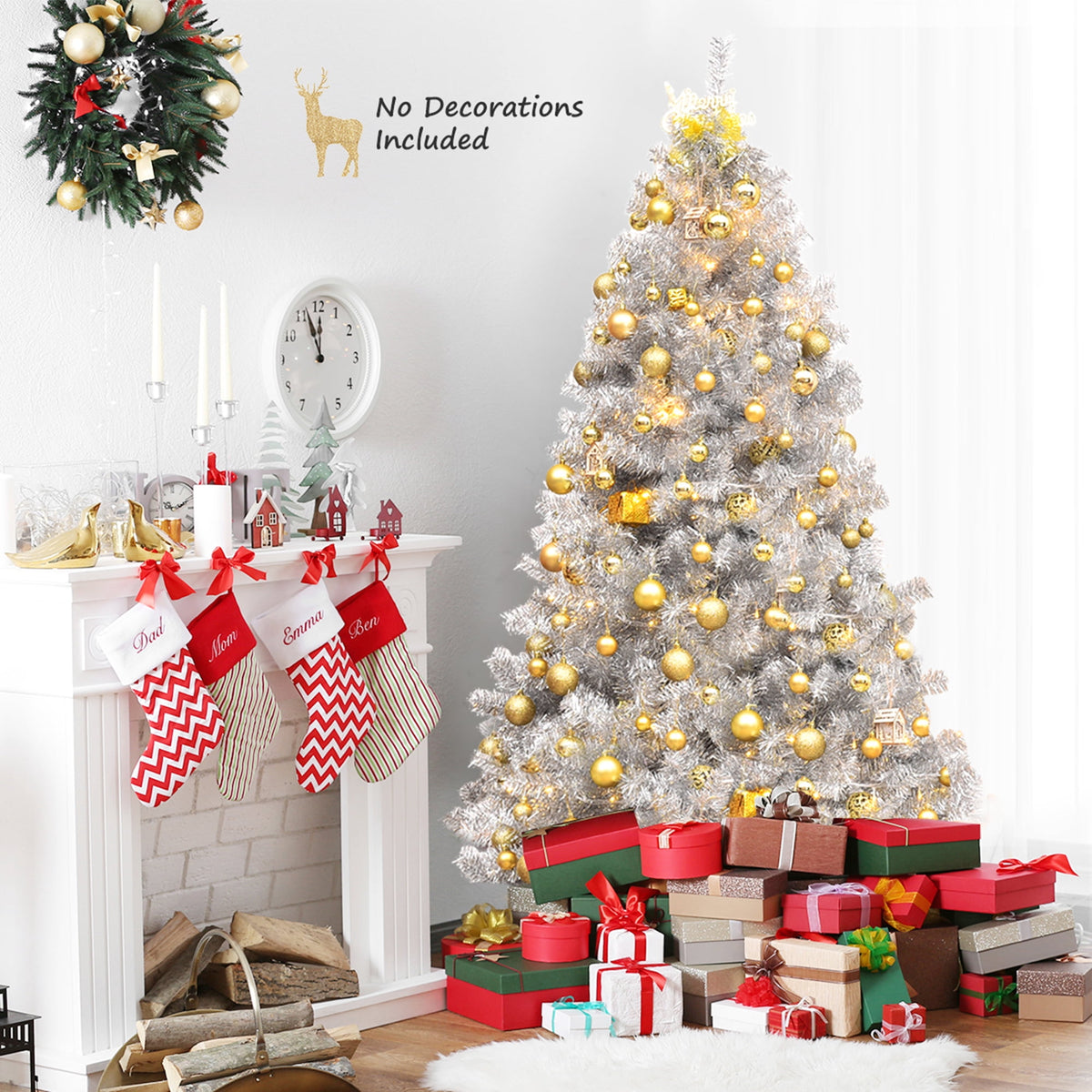 Gymax 6 FT Silver Tinsel Christmas Tree Artificial Hinged Tree Holiday Decoration