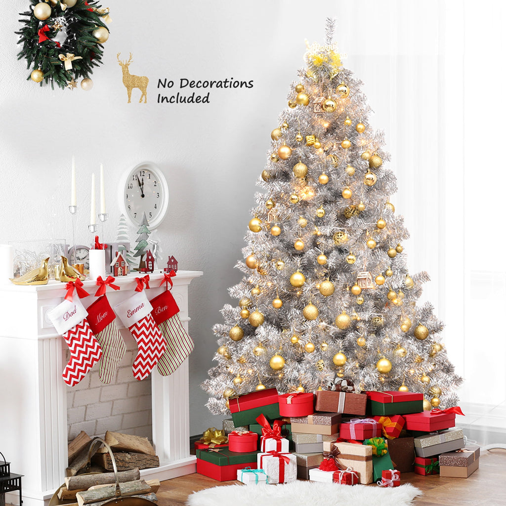 Gymax 7.5 FT Silver Tinsel Christmas Tree Artificial Hinged Tree Holiday Decoration