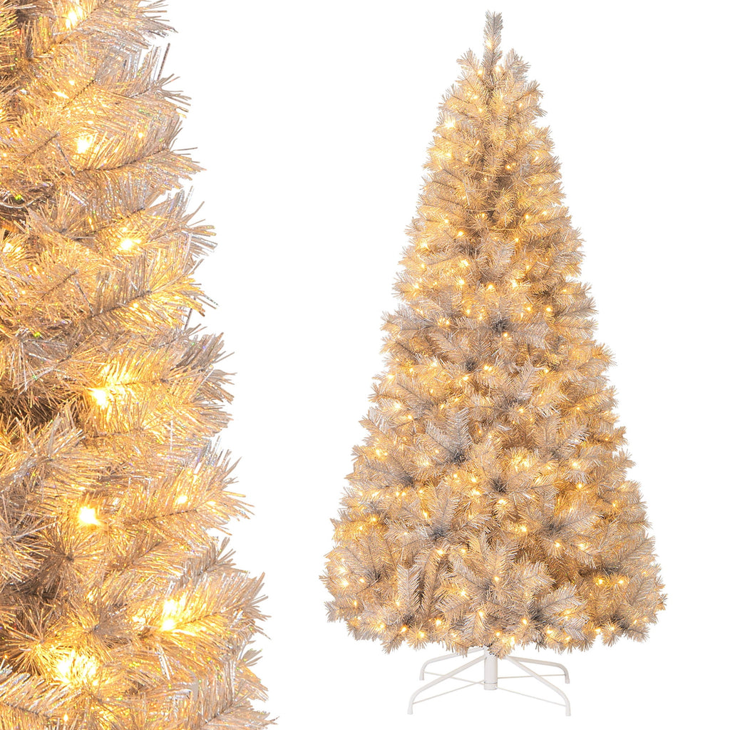 Gymax 7 FT Pre-Lit Artificial Christmas Tree Silver Tinsel Hinged Xmas Tree