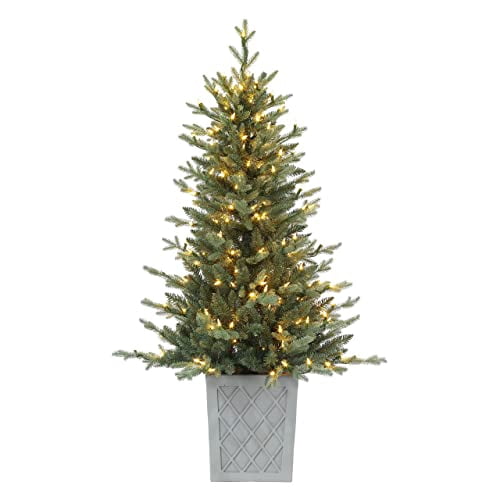 Haute Decor 4.5 Foot Barcelona Blue Spruce Potted Tree with Warm White LED Lights - Cement Gray Patterned Resin Pot