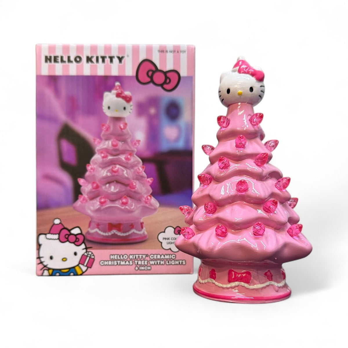 Hello Kitty Mini Ceramic Christmas Tree with Pink Lights – 6" Tall Holiday Decoration