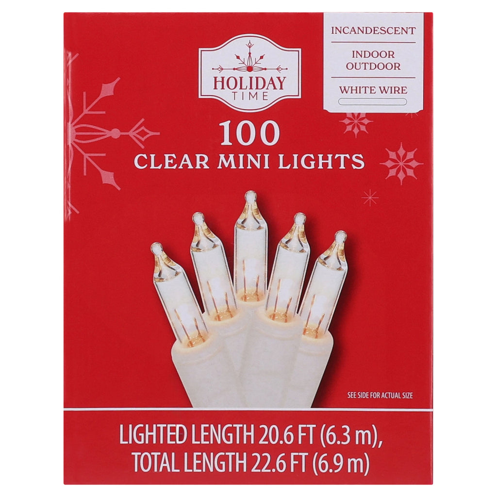 Indoor/Outdoor 100-Count Incandescent Mini Christmas String Lights, Clear, White Wire, 20.6', by Holiday Time