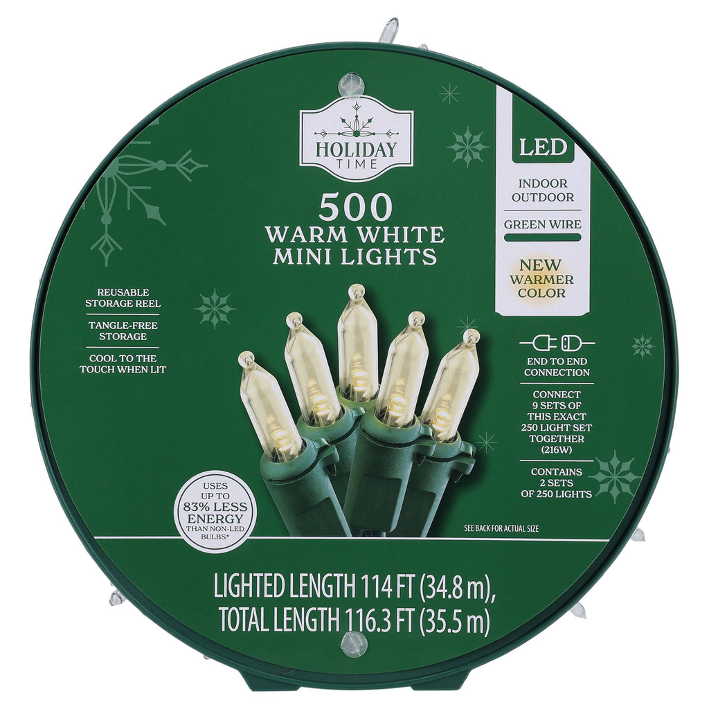 Indoor/Outdoor 500-Count LED Mini Christmas String Lights, Warm White, Green Wire, 114', by Holiday Time