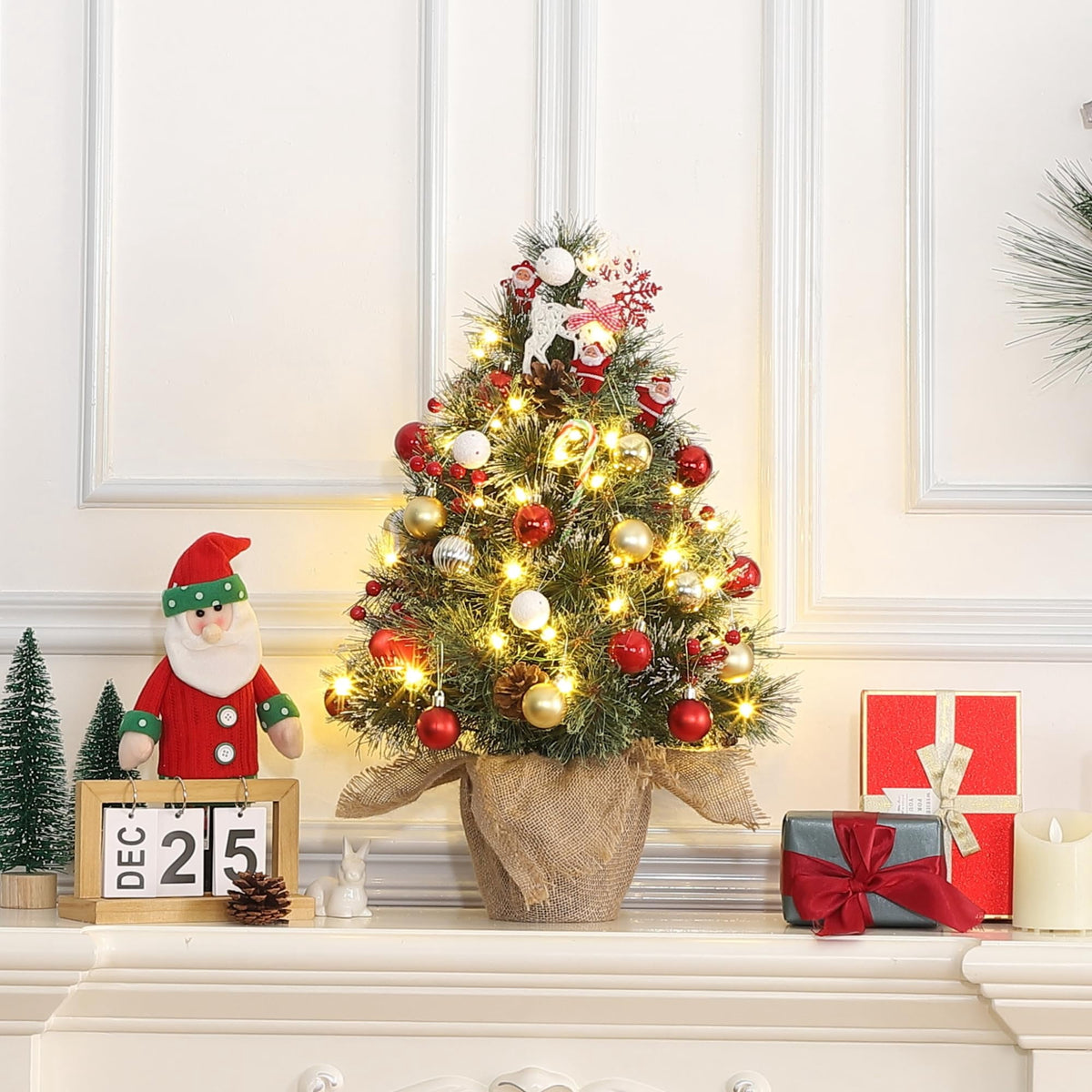 Huisuilinss Artificial Mini Christmas Tree,3FT Pre-Lit Christmas Tree,Tabletop Christmas Tree With Led Lights,Battery Powered Xmas Decoration For Fireplace Office Home Decor Indoor