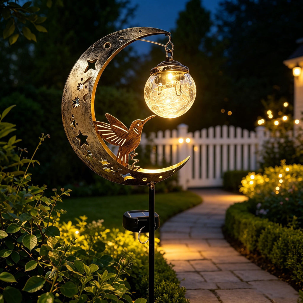 Hummingbird Moon Solar Garden Stake Light Half Moon LED Pathway Decor Crackle Hanging Glass Globe Ball Metal Crescent for Outside Yard Lawn Decor