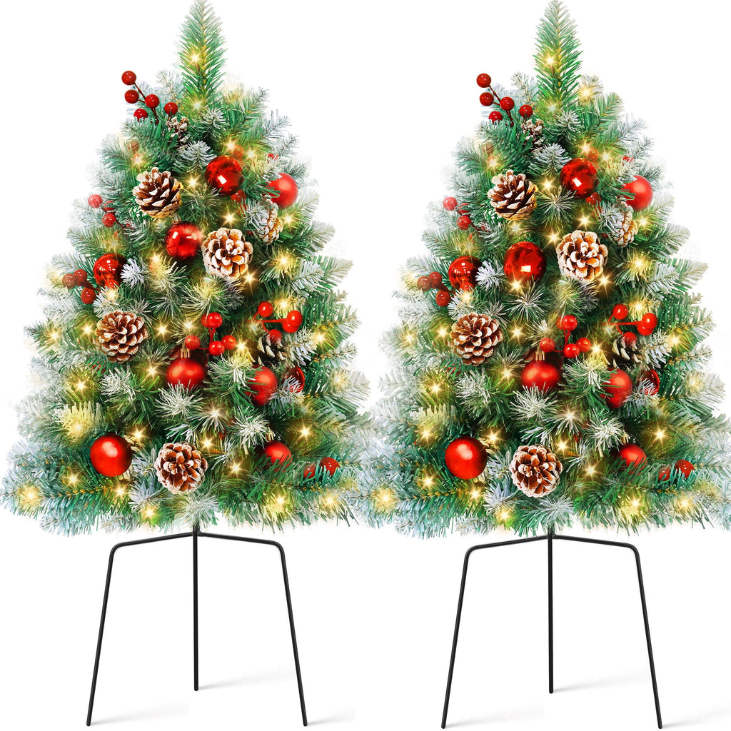 Yexmas 2PCS Small Outdoor Christmas Trees with LED Lights,30" Artificial Xmas Decora for Porch,Yard,Pathway,Garden,PVC