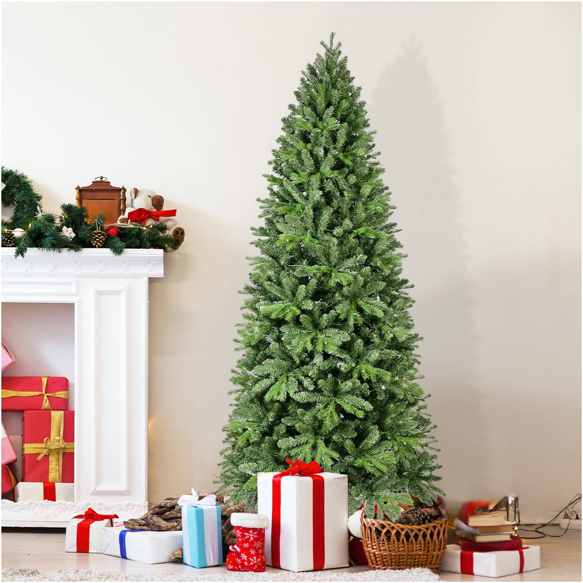 JERFIT 7.5ft Premium Pre-Lit Christmas Tree with Hinged Branches, Easy Setup Full Artificial PVC Xmas Tree for Holiday Home Decor