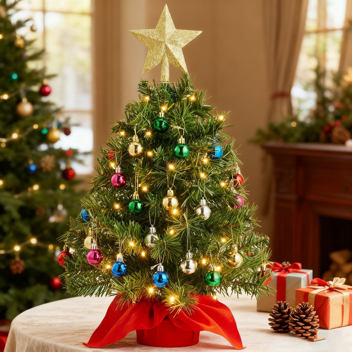 Joyfy 24"/2.4 FT Tabletop Small Christmas Tree with Lights, Prelit Artificial Mini Xmas Tree Set with Star and Ornaments for Party Decorations