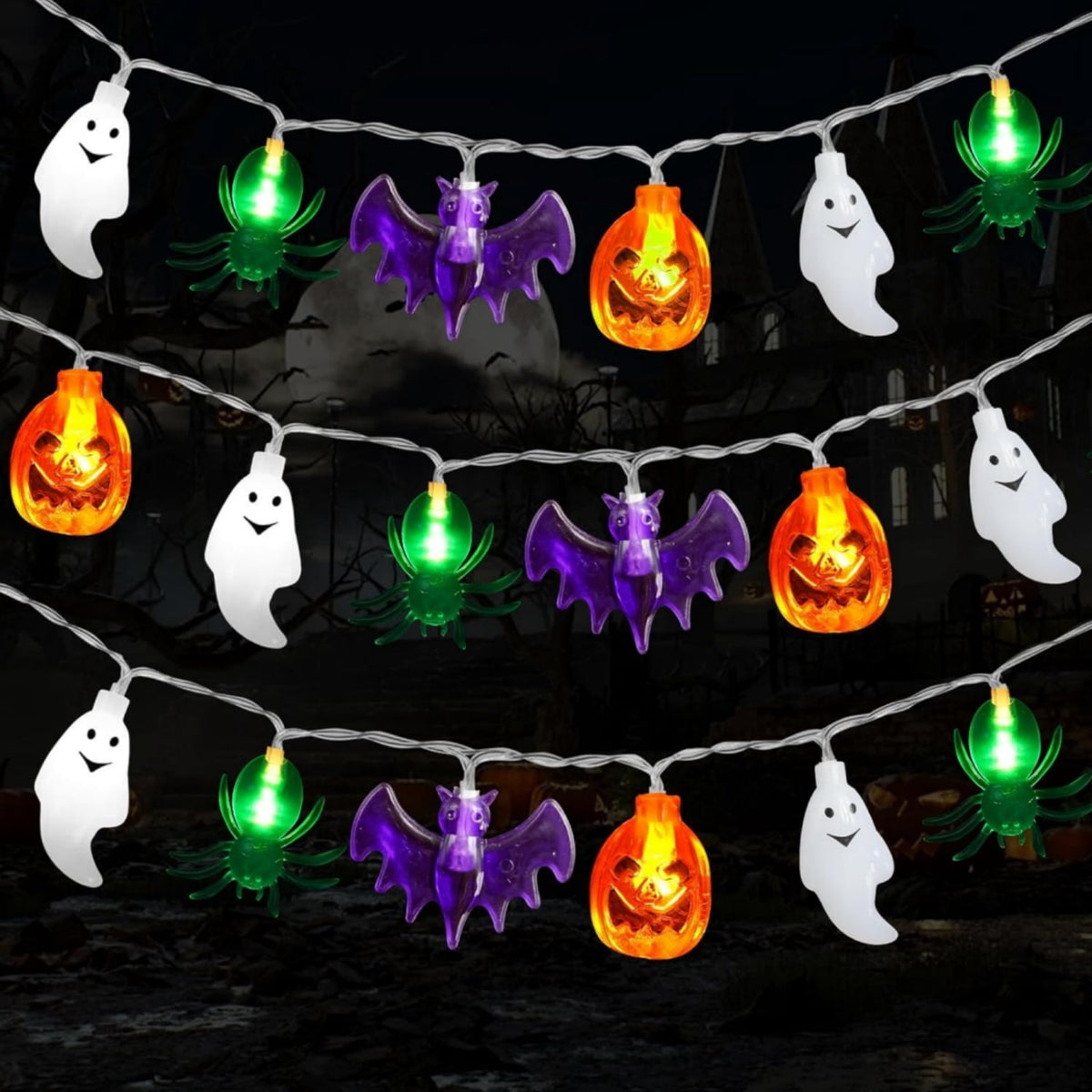 Katinyos Halloween Lights Decor,16 FT 40 LED 3D Pumpkin Bat Ghost Battery Operated String Lights with 8 Lighting Modes