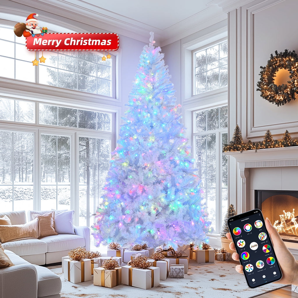 Ktaxon 8 FT Pre-lit Christmas Tree, Xmas Tree Hinged Branches with 500 RGB Lights and 1500 Branch Tips APP Controlled, for Holiday Party Store Office Home, White