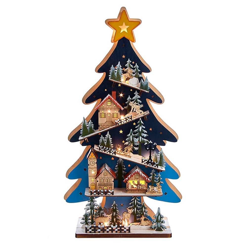 Kurt Adler Battery-Operated LED-Lit Wooden Christmas Tree with Village, 23.5" - Free-Standing Holiday Decoration