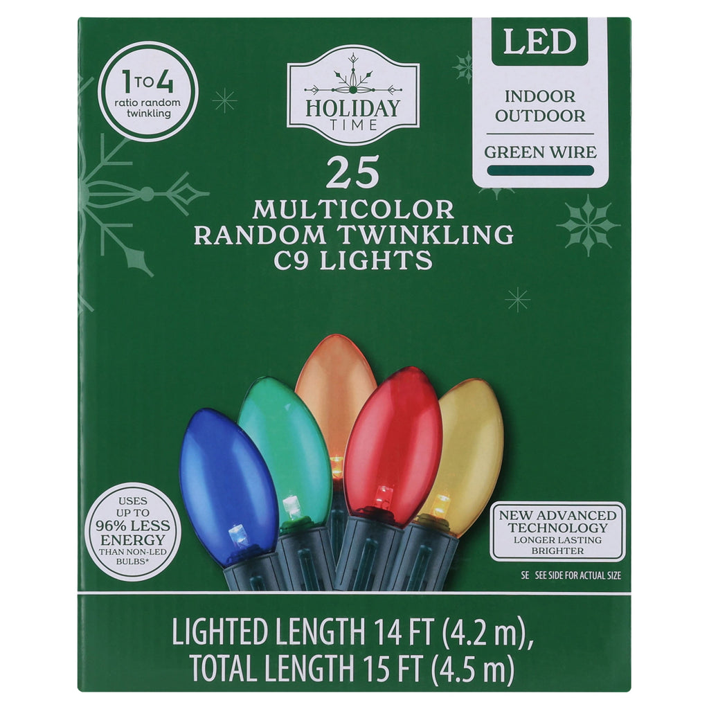Indoor/Outdoor 25-Count LED Random Twinkling C9 Christmas String Lights, Multicolor, Green Wire, 14', by Holiday Time