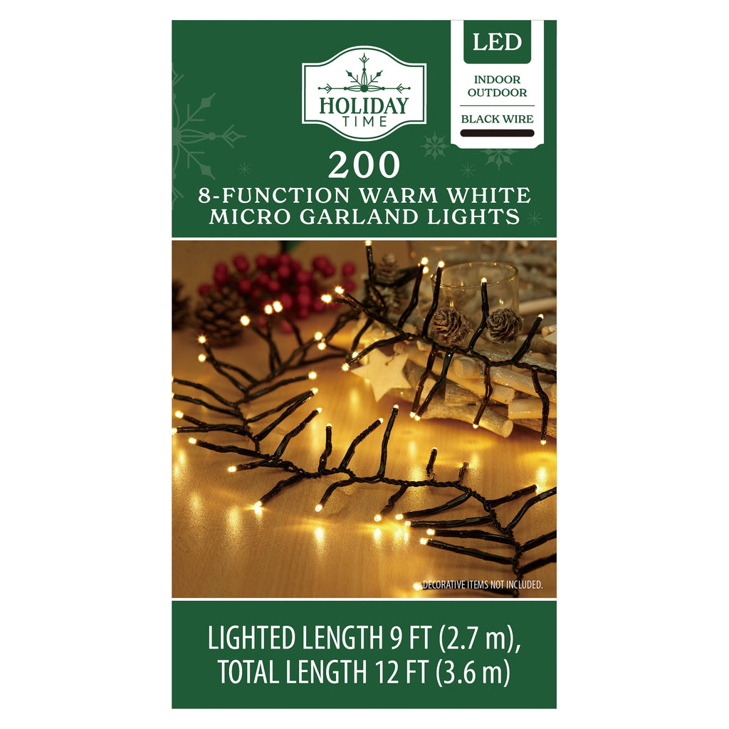 Indoor/Outdoor 200-Count LED 8-Function Micro Christmas Garland Lights, Warm White, Black Wire, 9', by Holiday Time