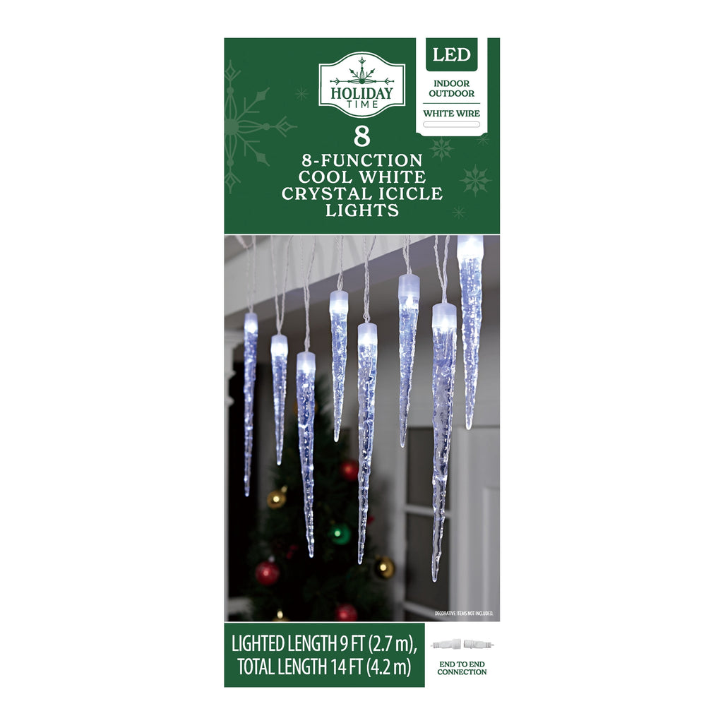 Indoor/Outdoor 8-Count LED 8-Function Crystal Christmas Icicle Lights, Cool White, White Wire, 9', by Holiday Time