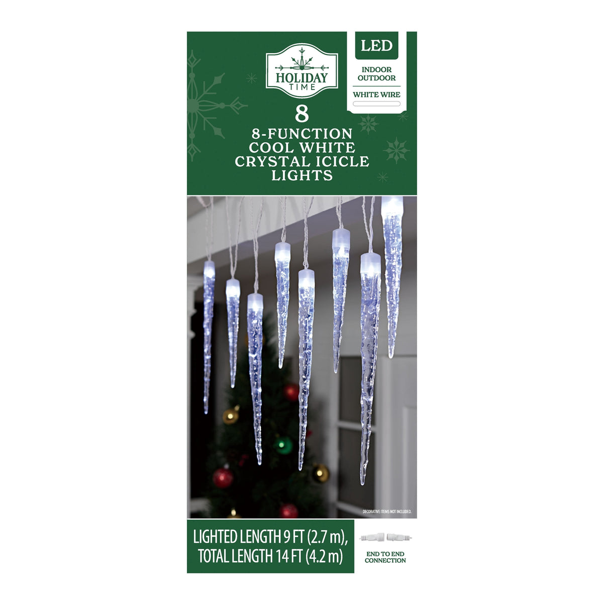 Indoor/Outdoor 8-Count LED 8-Function Crystal Christmas Icicle Lights, Cool White, White Wire, 9', by Holiday Time