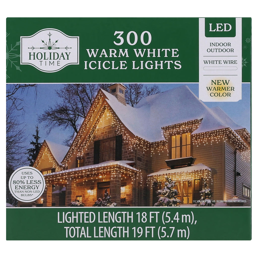 Indoor/Outdoor 300-Count LED Christmas Icicle Lights, Warm White, White Wire, 18', by Holiday Time