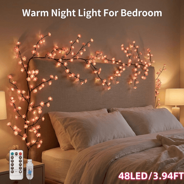48LED/3.94FT Cherry Blossom Vine Lights with Remote Control, 8 Lighting Modes for Bedroom Wall and Indoor Decor