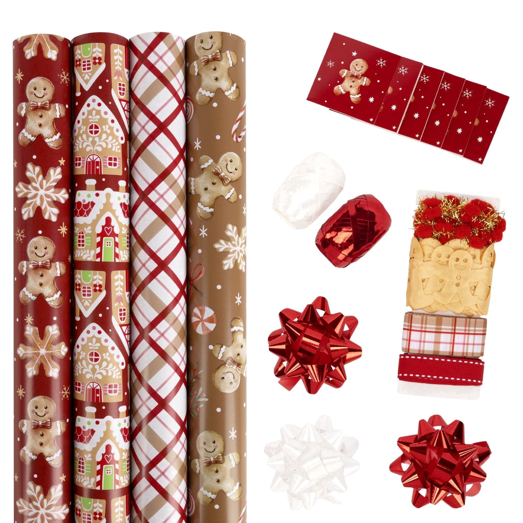 LaRibbons Christmas Wrapping Paper, 30" x 10' Holiday Reversible Gift Wrap Kit, Gingerbread Season