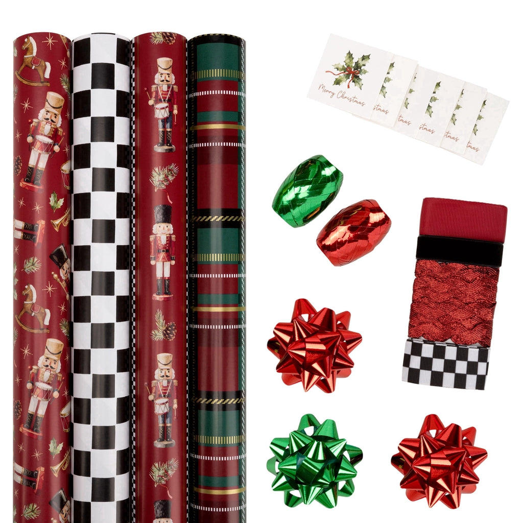 LaRibbons Nutcracker Wrapping Paper, 30" x 10' Holiday Reversible Metallic Gift Wrap Kit, Holly Nutcracker Plaids and Checks