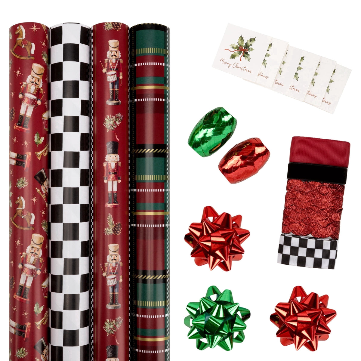 LaRibbons Nutcracker Wrapping Paper, 30" x 10' Holiday Reversible Metallic Gift Wrap Kit, Holly Nutcracker Plaids and Checks