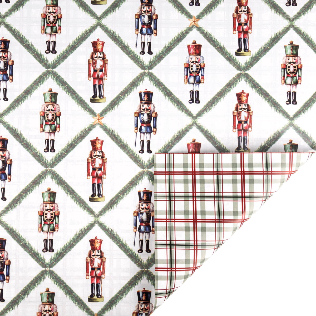 LaRibbons 30" x 33' Holiday Reversible Wrapping Paper Jumbo Roll, Norfolk Pine Nutcracker / Plaid