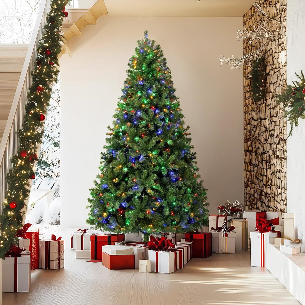 Legooin 7.5FT Pre-lit Artificial Christmas Tree with 1300 Branch Tips + 400 Multicolored Lights, 3-Section Easy Assembly Xmas Tree with Metal Stand for Indoor Outdoor Holiday Decor, Green