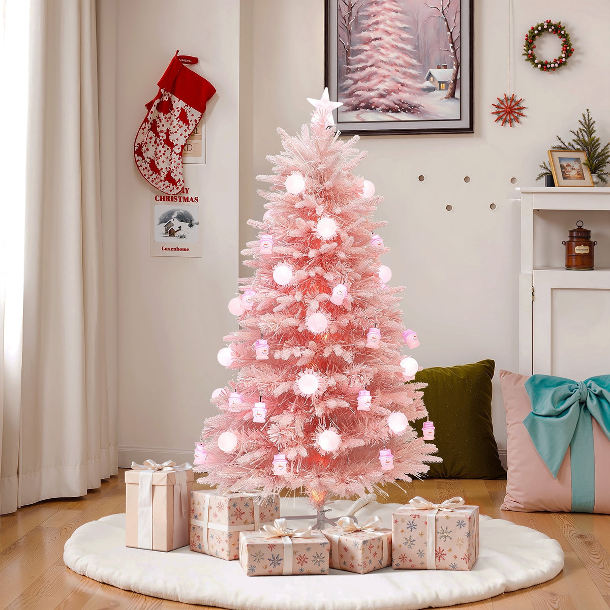 LuxenHome 5Ft Pink Cherry Blossom Christmas Tree with Fiber Optic Lights & Snowman Star Topper