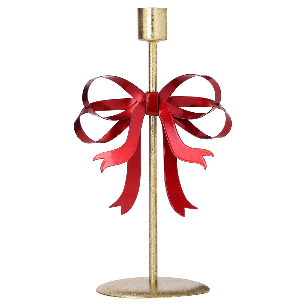 Medium Gold and Red Bow Metal Christmas Taper Candle Holder, 9.5", by Holiday Time