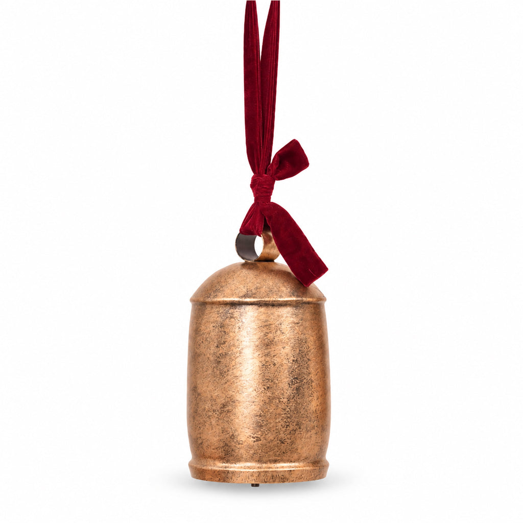 My Texas House Metal Hanging Bell, Antique Gold Finish with Red Velvet Ribbon, 11 inches