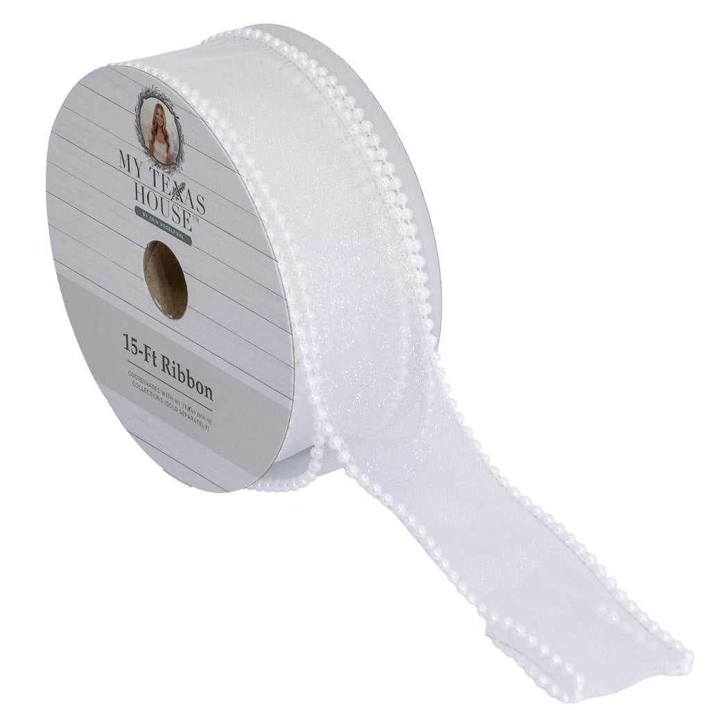 My Texas House White Beaded Sheer Christmas Ribbon, 1.5" x 15'