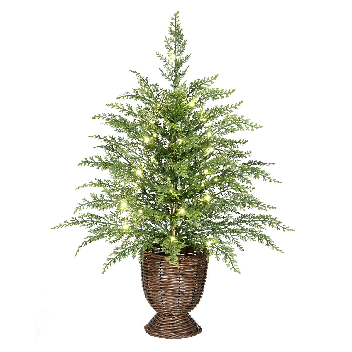 My Texas House 24" Small Pre-Lit Cypress Green Artificial Christmas Tree with 30 Warm White Twinkle LED Lights in Woven Basket