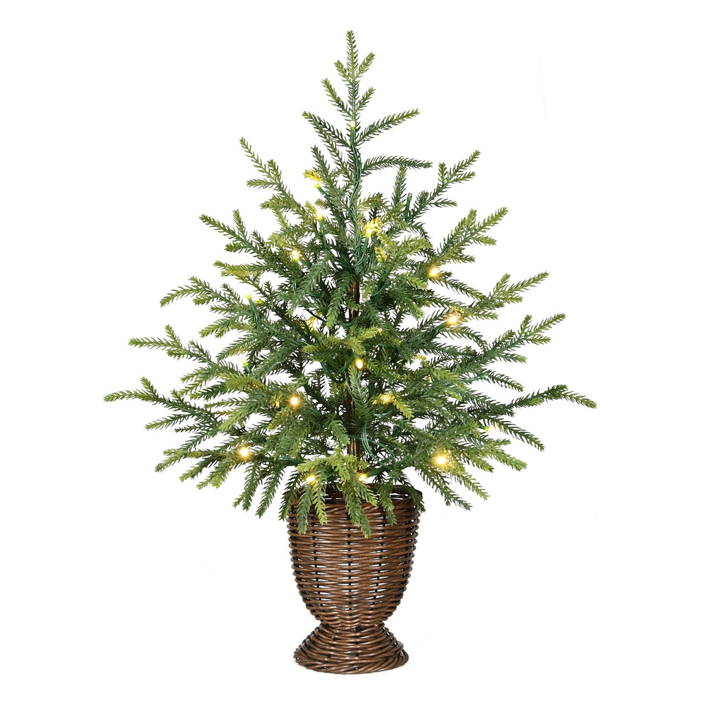 My Texas House 2' Small Pre-Lit Norfolk Pine Green Artificial Christmas Tree with 30 Warm White Twinkle LED Lights in Woven Basket