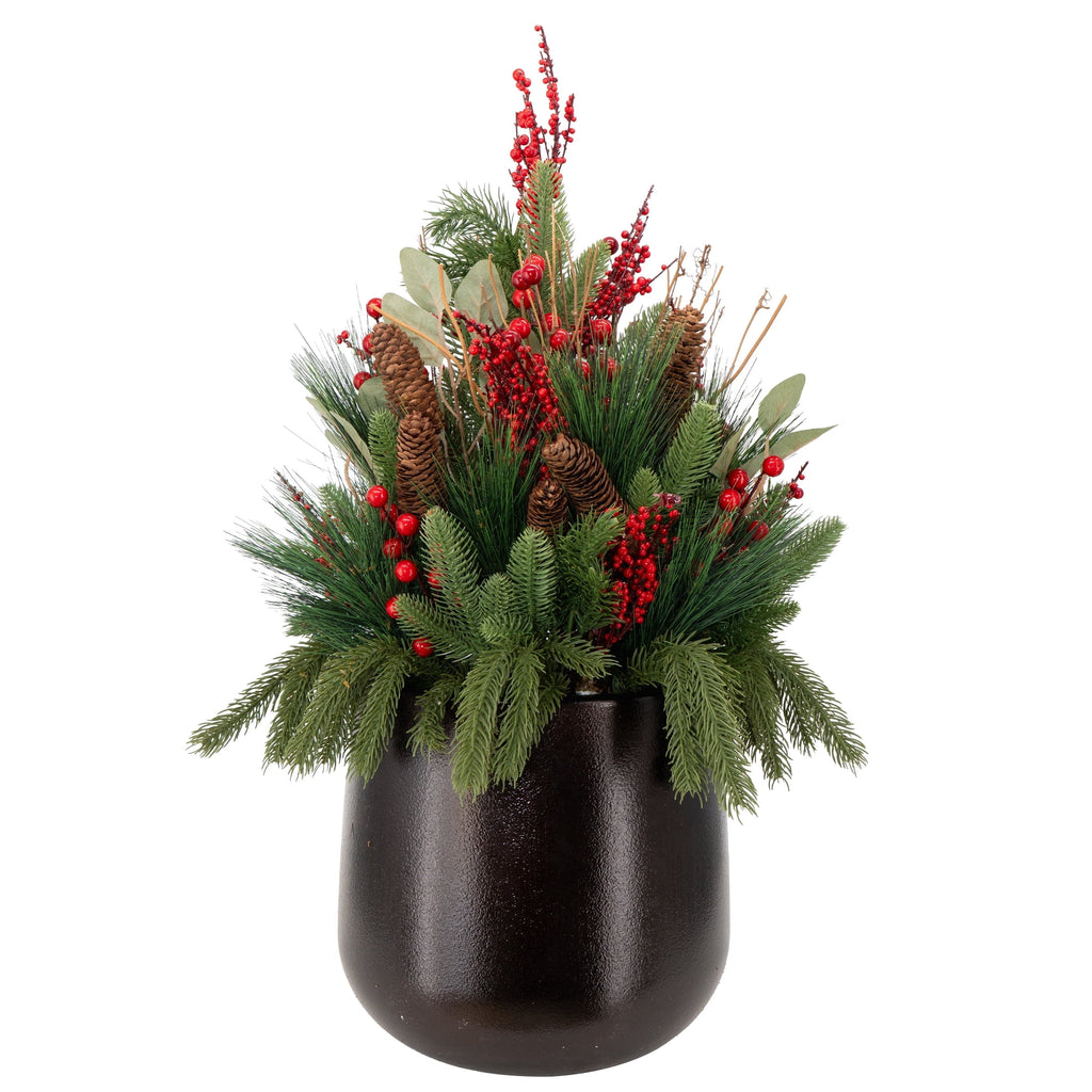 My Texas House Greenery and Berries Christmas Arrangement in Pot, Red/Green/Black, 30"