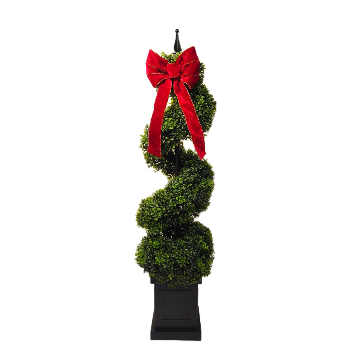 My Texas House Christmas Boxwood Swirl Topiary with Red Bow, 45",