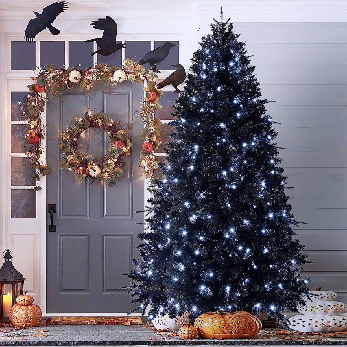 Maylaviu 7FT Gothic Black Christmas Tree, 450 Cold White Lights, 1916 Full Tips, Halloween & Holiday Party Decor, Sturdy Metal Stand