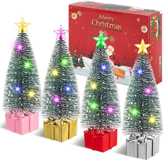 Mini Christmas Tree with Lights, 4 Pack Tabletop Christmas Trees