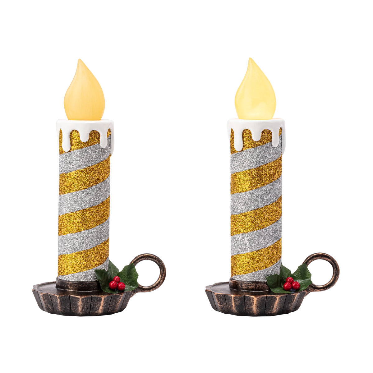 Mr. Christmas 10" Set of 2 Flickering LED Resin Glittery Striped Candles - Red & White