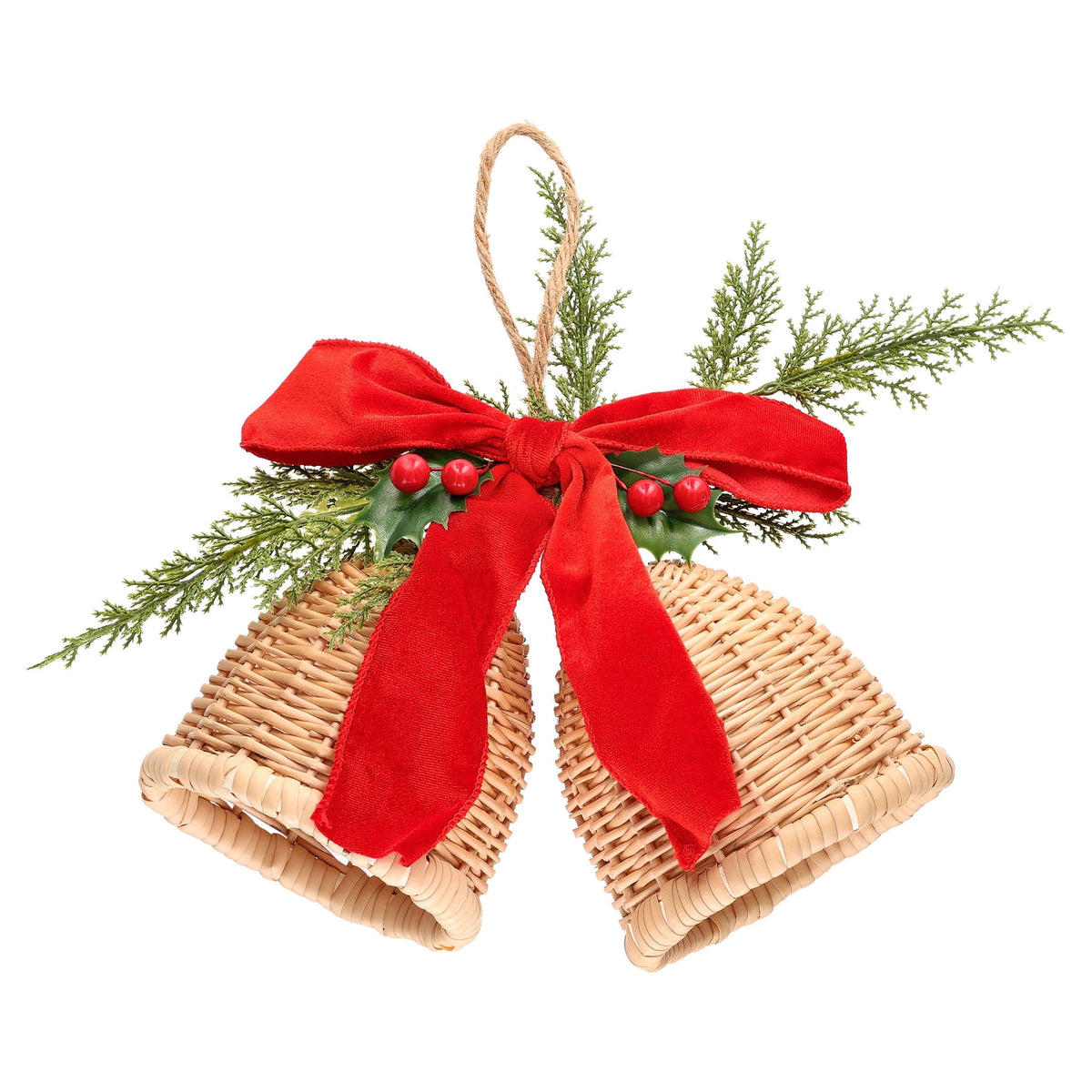 Woven Bells with Bow Hanging Christmas Decoration, Brown/Red/Green, 11.5", by Holiday Time