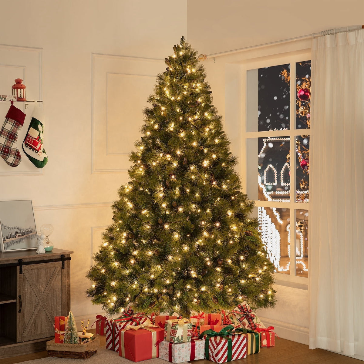 Naomi Home 7.5ft Christmas Tree with Lights, Realistic Traditional Christmas Tree Prelit with Pine Cones, Foot Pedal 1556 Branch Tips, 750 Warm Lights and Metal Stand, Aritificial Christmas Tree