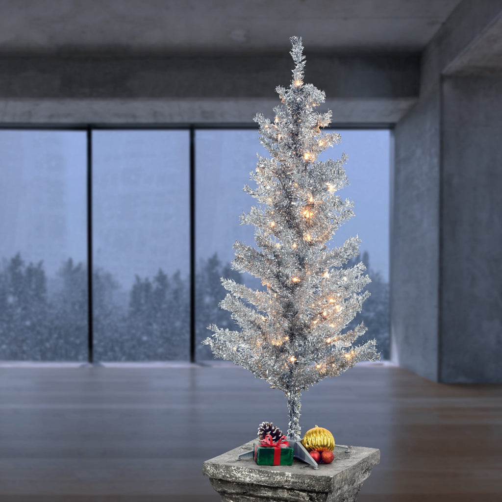 National Tree Company 4 ft. Pre-Lit Artificial Silver Tinsel Christmas Tree, Clear Lights, Includes Stand